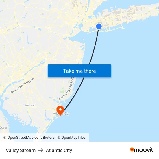 Valley Stream to Atlantic City map
