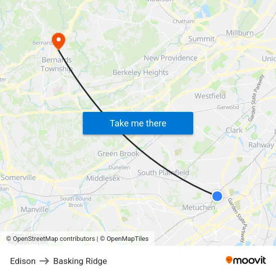 Edison to Basking Ridge map