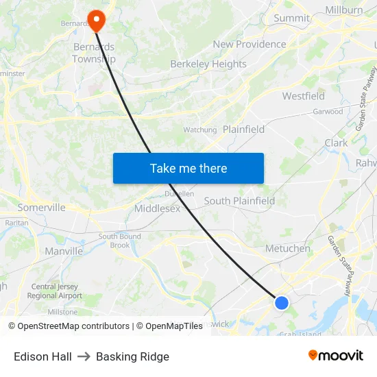 Edison Hall to Basking Ridge map
