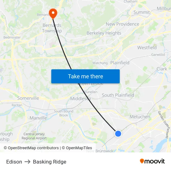 Edison to Basking Ridge map
