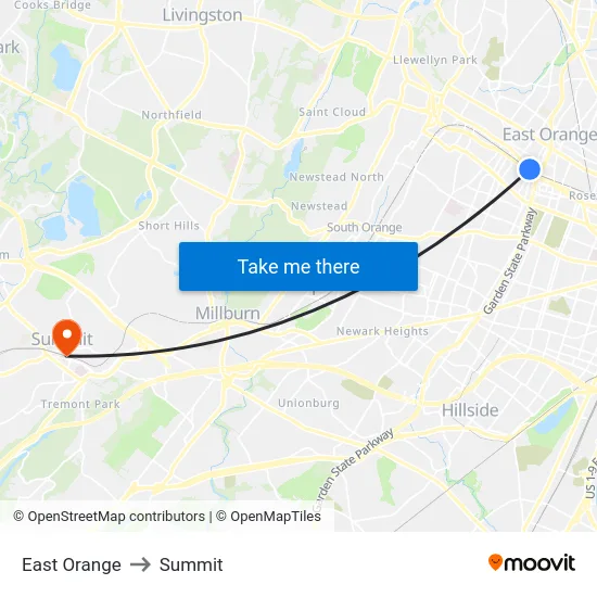 East Orange to Summit map