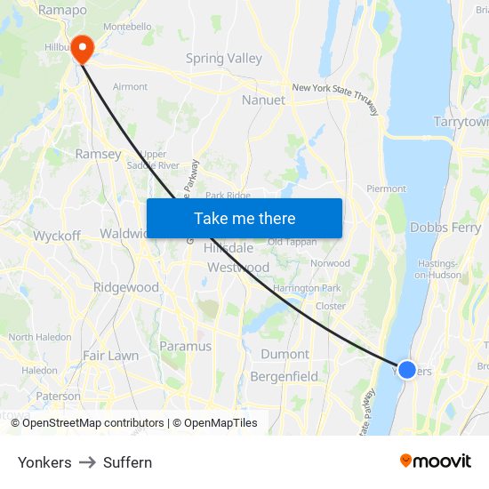 Yonkers to Suffern map