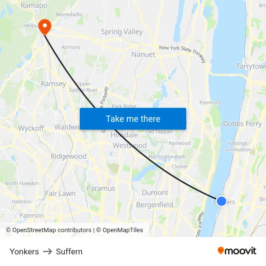 Yonkers to Suffern map