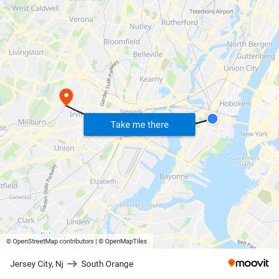 Jersey City, Nj to South Orange map