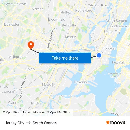Jersey City to South Orange map