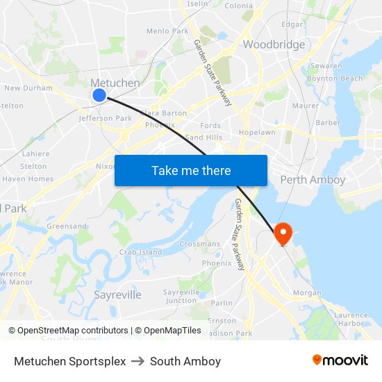 Metuchen Sportsplex to South Amboy map