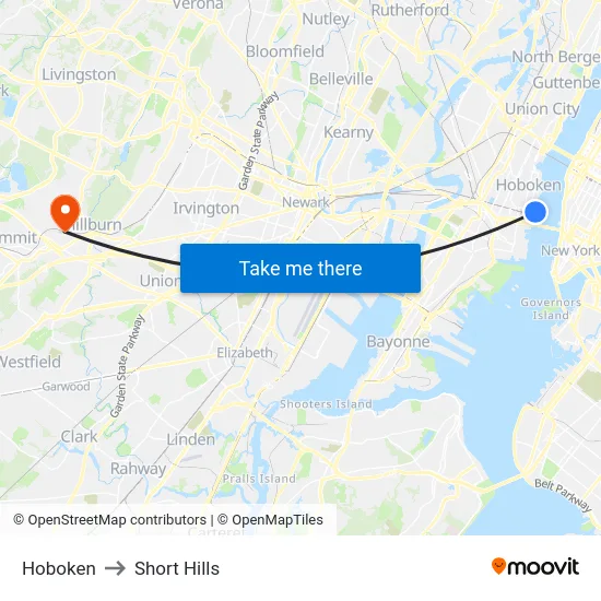 Hoboken to Short Hills map