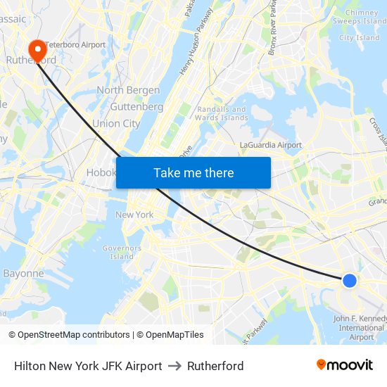 Hilton New York JFK Airport to Rutherford map