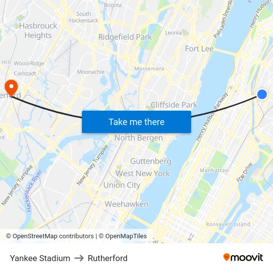 Yankee Stadium to Rutherford map