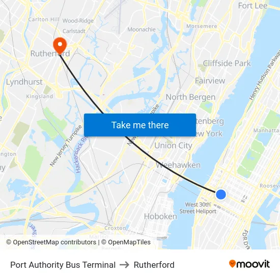 Port Authority Bus Terminal to Rutherford map