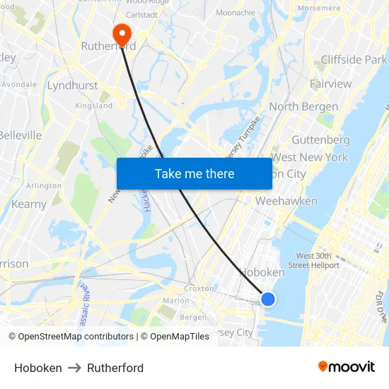Hoboken to Rutherford map