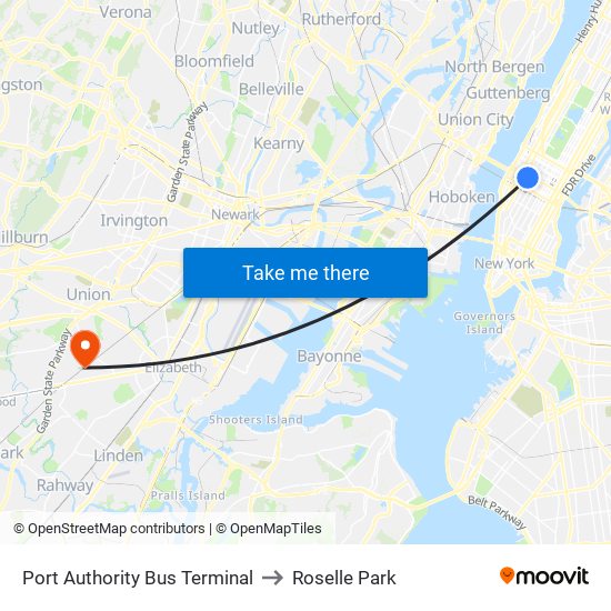 Port Authority Bus Terminal to Roselle Park map