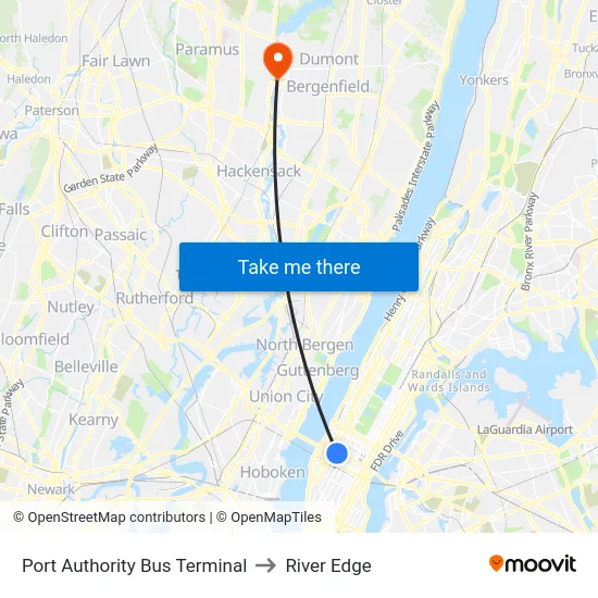 Port Authority Bus Terminal to River Edge map