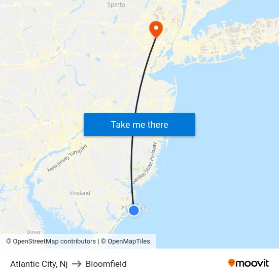 Atlantic City to Bloomfield map