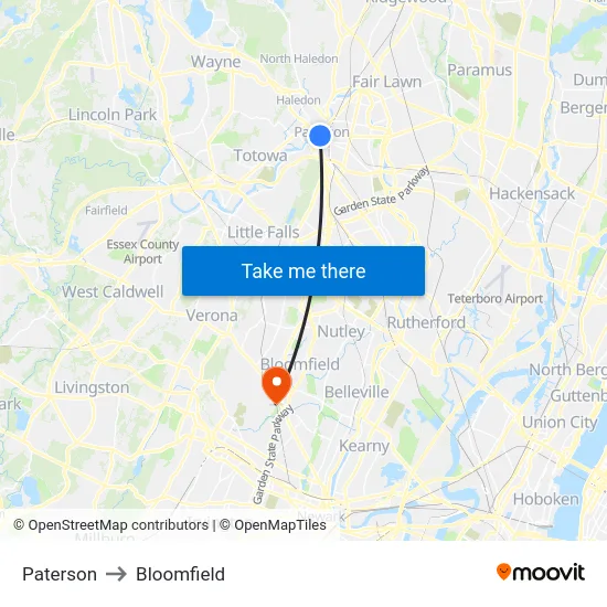 Paterson to Bloomfield map