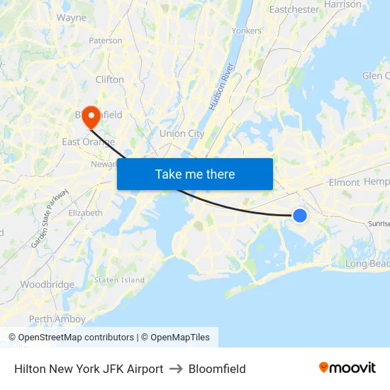 Hilton New York JFK Airport to Bloomfield map