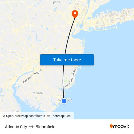 Atlantic City to Bloomfield map