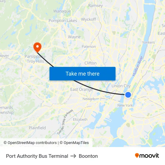 Port Authority Bus Terminal to Boonton map