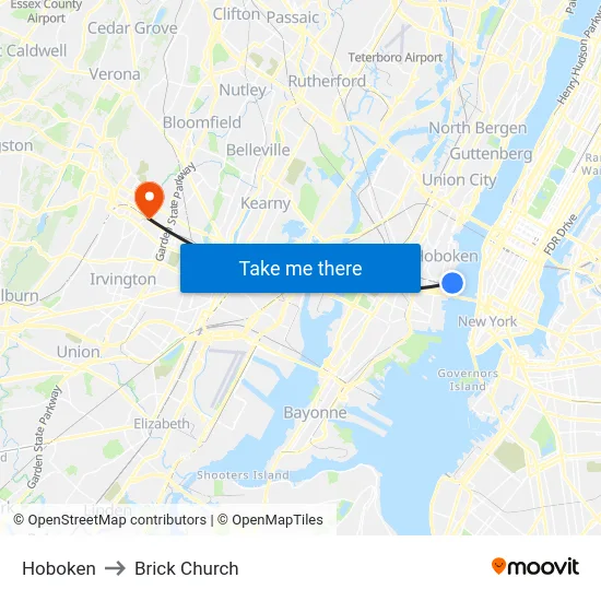 Hoboken to Brick Church map