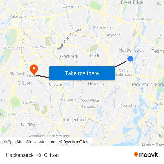 Hackensack to Clifton map