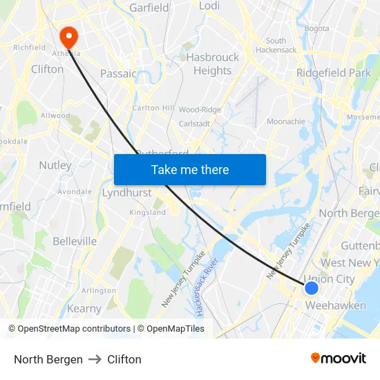 North Bergen to Clifton map