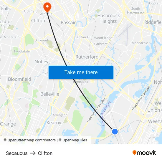 Secaucus to Clifton map