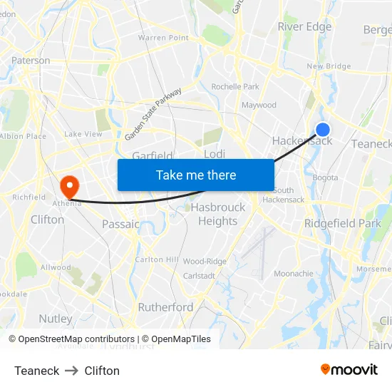 Teaneck to Clifton map