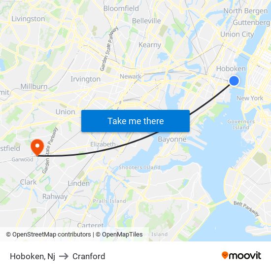 Hoboken, Nj to Cranford map