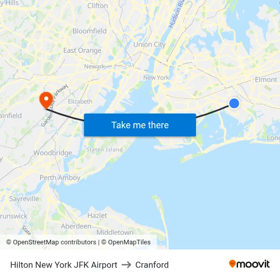Hilton New York JFK Airport to Cranford map