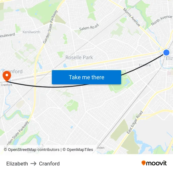 Elizabeth to Cranford map