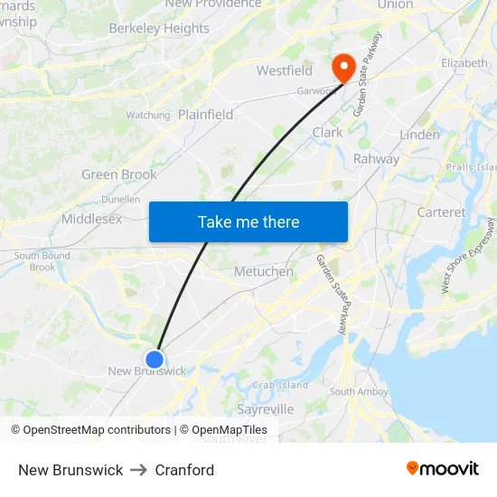 New Brunswick to Cranford map