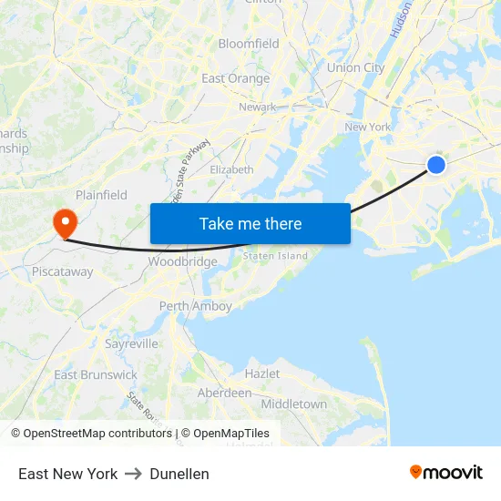 East New York to Dunellen map