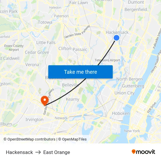 Hackensack to East Orange map