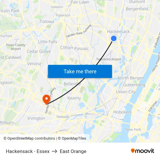 Hackensack - Essex to East Orange map