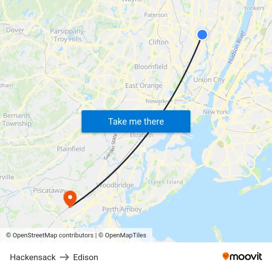 Hackensack to Edison map