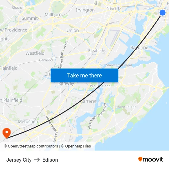 Jersey City to Edison map