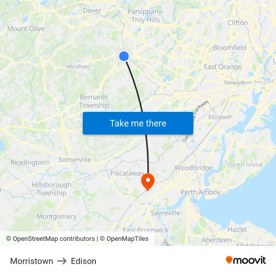Morristown to Edison map