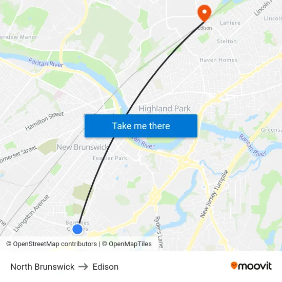 North Brunswick to Edison map