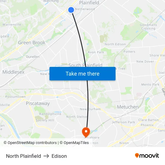 North Plainfield to Edison map