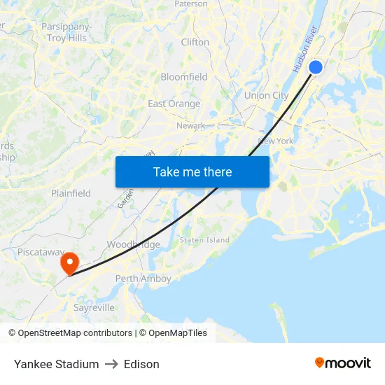 Yankee Stadium to Edison map