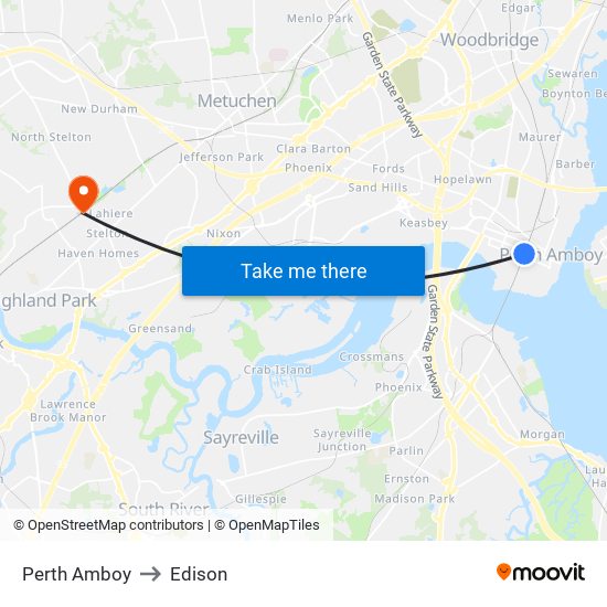 Perth Amboy to Edison map
