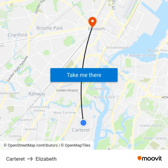 Carteret to Elizabeth map