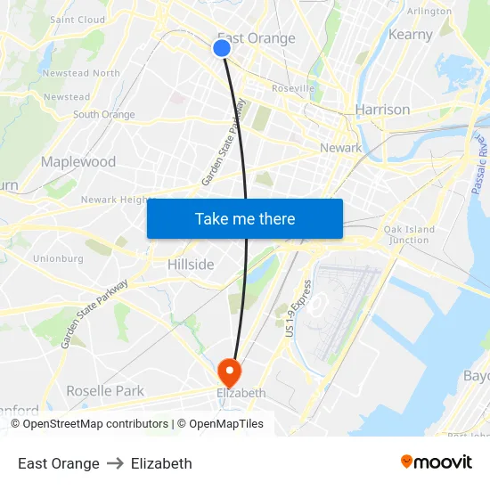 East Orange to Elizabeth map