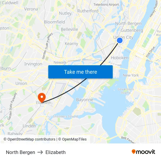 North Bergen to Elizabeth map