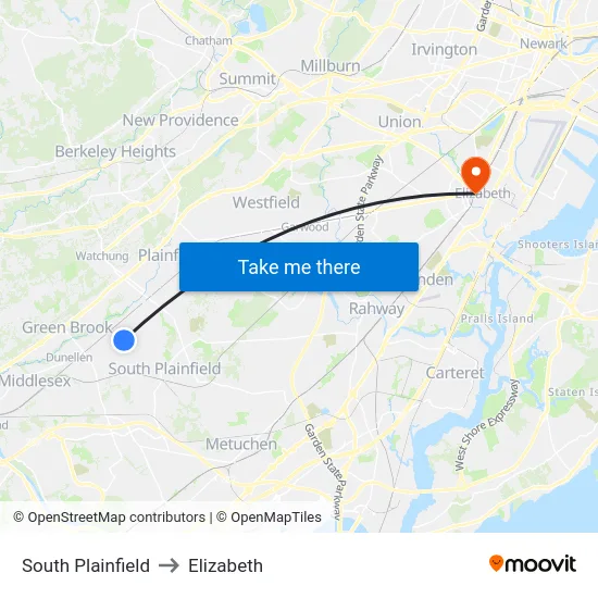 South Plainfield to Elizabeth map