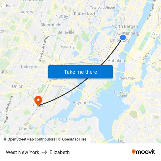 West New York to Elizabeth map