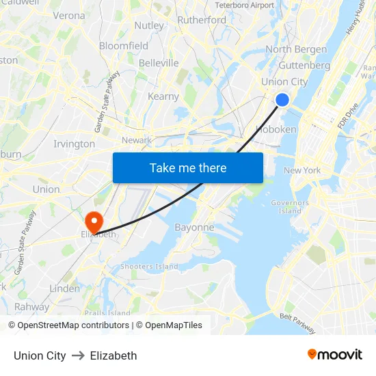 Union City to Elizabeth map