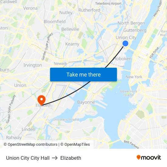 Union City City Hall to Elizabeth map