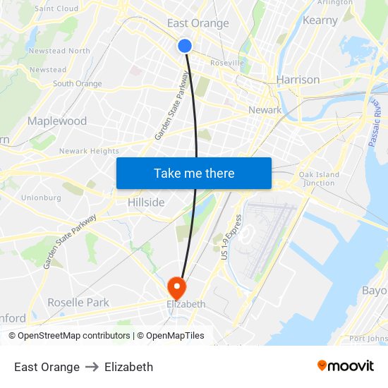East Orange to Elizabeth map