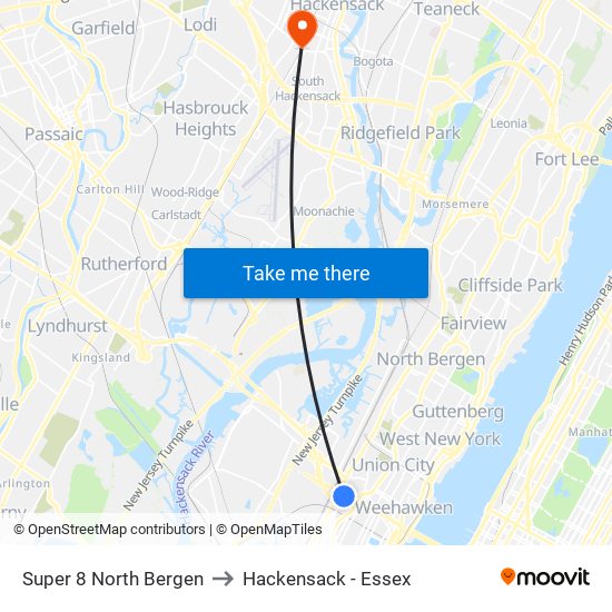 Super 8 North Bergen to Hackensack - Essex map